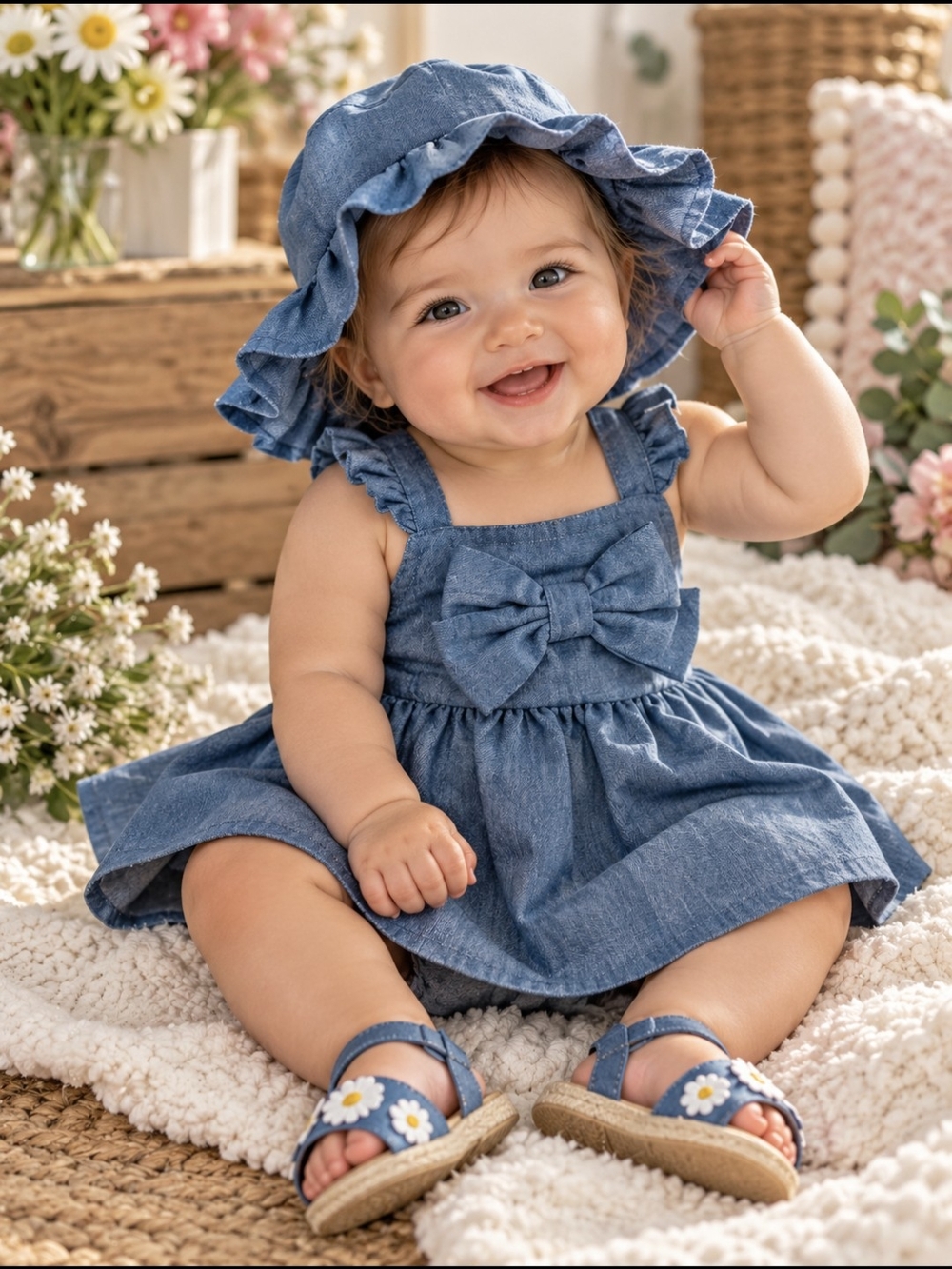 Denim Dress, Hat & Shoes- 3-Piece Set- 3-6months